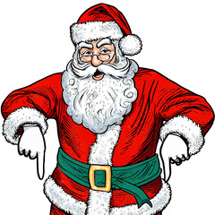 Weihnachtsmann mit weißem Bart zeigt nach unten