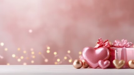 Gift box with ribbons and hearts on pastel background with blurry gold pink confetti, concept of birthday, valentine's day background. Congratulations on the holiday day