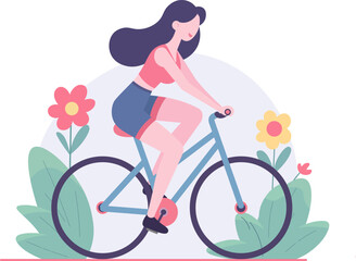 Young happy woman riding bicycle in the park, Girl enjoys on a bike outdoors activity, flat vector illustration.