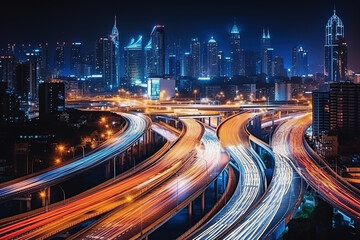 night of Expressway top view, Road and blurr traffic an important infrastructure in big city