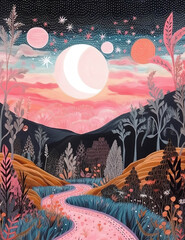 Enchanted Journey: Whimsical Landscape with a Winding Road under a Pink Sky