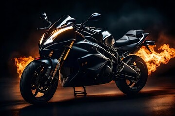In the dark, a super-sport motorcycle with flame. motivation on a swift motorcycle in a tense situation with darkness