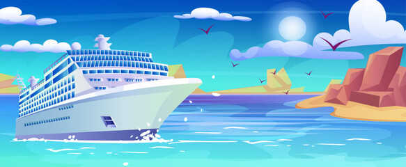 Summer cruise travel, sea ship liner, holiday vacation journey, tourist recreation, nautical voyage, cartoon sky, island coast, summertime luxury resort. Vector illustration