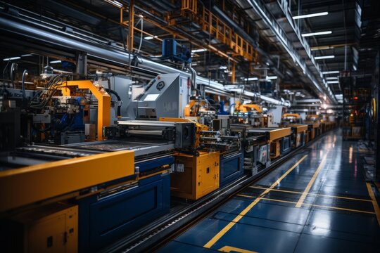 Interior of an empty clean modern factory workshop. Rows of complex modern machines and tools with automated program control. Metalworking shop. Modern industrial enterprise.