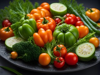Vibrant vegetables background from orange and green peppers, broccoli, lettuce, eggplant. Assortment of fresh organic ingredients. Healthy food concept