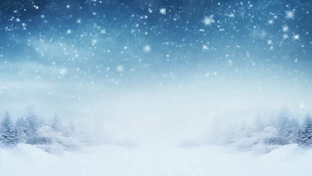 Snowy background. New Year's mood, christmas snowy background. Blue and white shimmer. Snowy hills and sky.