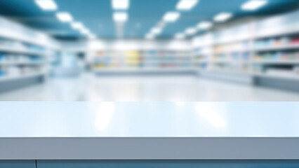 Leere Apotheken Theke mit Medikamenten in Regalen im verschwommenen Hintergrund