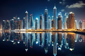 Plaid mouton avec motif Dubai Modern buildings of bay with lights at night on background,