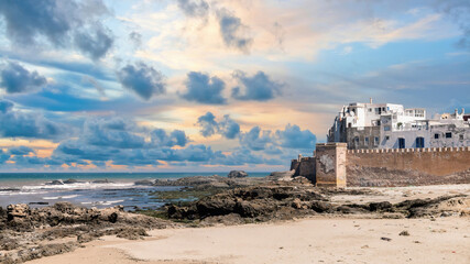 Essaouira city wall bastion and the citadel of Essaouira, a robust fortress along Morocco's coast,...