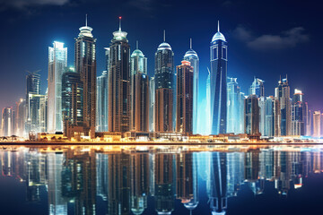 Modern buildings of bay with lights at night on background,
