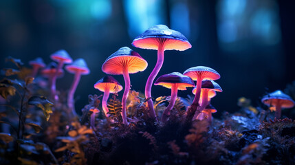 Psilocybe semilanceata mushrooms in neon style - obrazy, fototapety, plakaty