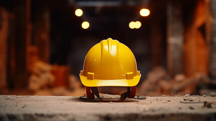 A yellow construction helmet on the background of a building
