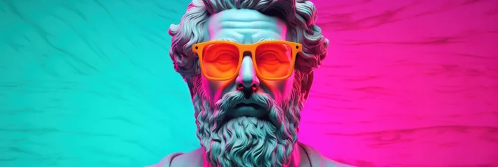 Fototapete Rund Ancient Greek Map with Retro Vintage Neon Stripes Background Featuring Athena Statue Wearing Colorful Sunglasses © Sandris_ua