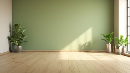 Empty minimalist room in modern apartment. Pistachio wall, hardwood floor, indoor plants in floor pots, large windows with city view. Mockup.