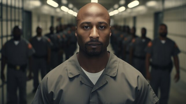 An incarcerated African American is secured by a robust black correctional officer patrolling the prison hallway.