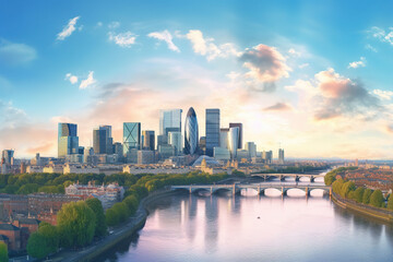 Panoramic skyline view of Bank and Canary Wharf, central leading financial districts with famous...
