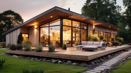 Fototapeta premium Modern wooden cottage in beautiful nature, luxurious chalet with panoramic glazing. Spacious terrace, well-groomed lawn with trimmed bushes. Warm evening light. Contemporary architecture and design.