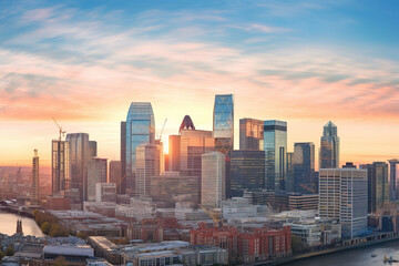 Panoramic skyline view of Bank and Canary Wharf, central leading financial districts with famous skyscrapers at golden hour sunset with blue sky and clouds - obrazy, fototapety, plakaty
