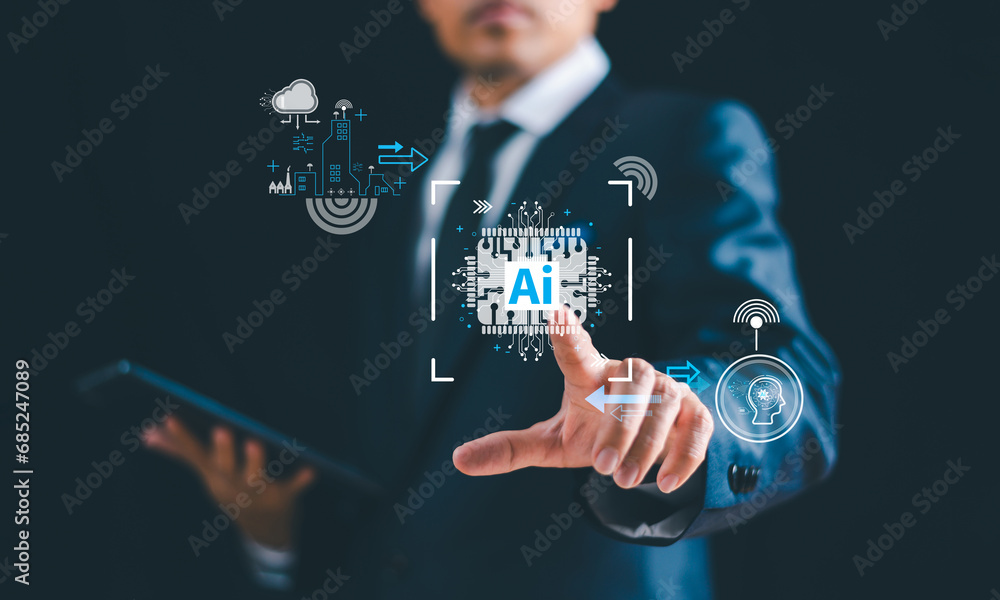 Poster chat with ai, artificial intelligence concept. business digital technology smart robot ai, website c