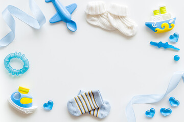 Gender party - boy or girl - baby accessories toys ribbon, top view