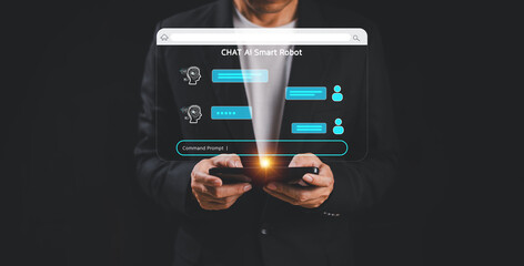 Website software Chat AI conversation support customer. Screen tech assistant message Artificial Intelligence bot technology. Modern Business connect communication smart robot digital computer concept