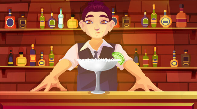 Brutal bartender holds out Margarita cocktail standing near bar counter. Alcohol bar with wine bottles, man in formal suit presenting cocktail. Cute cartoon design, pub concept. Vector illustration