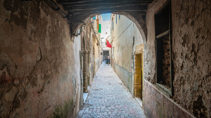 A historic narrow road in medina district of Essaouira old town, Morocco