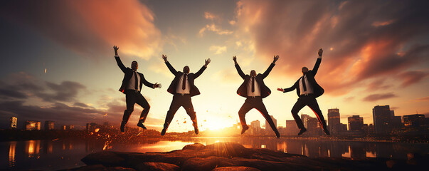 freedom and creativity Silhouette Businessmen Jumping to Success in Corporate Collaboration,
 Corporate Energetic Success: Silhouette Businessmen Jumping in Joy, Feel the excitement and motivation

 - obrazy, fototapety, plakaty