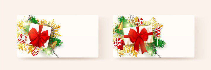New year white gift card with red ribbon and bow, christmas decoration collection. Set of holiday present, birthday celebration surprise, sale coupon, empty mockup and copy space. Vector illustration