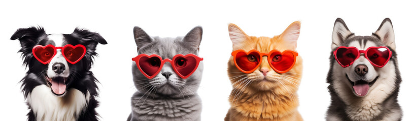 Pet Shop Banners and Veterinary Clinic Promotions: Set of Cute Dogs and Cats with Heart-Shaped Sunglasses for Valentine’s Day, Isolated on Transparent Background, PNG