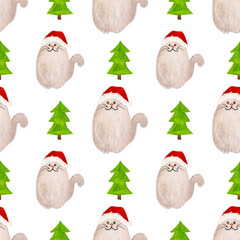 Watercolor pattern, gray cat in Christmas hats and fir tree on a white background. For festive products, wrapping etc.