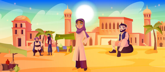 Arabian beautiful woman and man standing at cityscape architecture, cartoon buildings, muslim antique mosque, traditional town. Authentic middle east religion urban house. Vector illustration