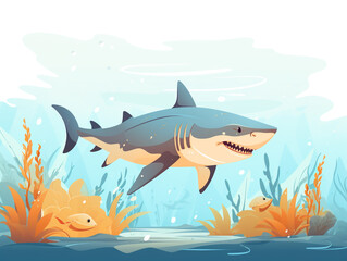 A shark is swimming in shallow waters looking for prey. Swim between the cracks of the new coral and seaweed.