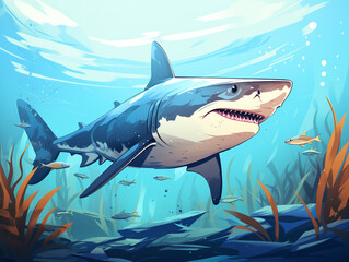 A shark is swimming in shallow waters looking for prey. Swim between the cracks of the new coral and seaweed.