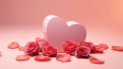 Pink podium in the shape of a heart with rose petals on pink background. Product Mockup, model for showcase products Valentine's day concept