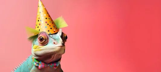 Rolgordijnen Celebration, happy birthday, Sylvester New Year's eve party, funny animal greeting card -  chameleon reptile with pink party hat on pink red wall background texture © Corri Seizinger