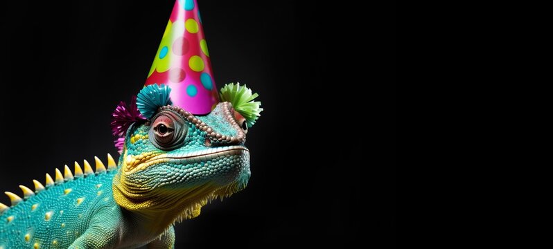Celebration, happy birthday, Sylvester New Year's eve party, funny animal greeting card -  chameleon reptile with pink party hat on black wall background texture