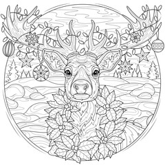 Christmas reindeer with garlands on its horns and a wreath.Coloring book antistress for children and adults. 