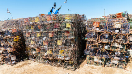 Prawn and shrimp traps at the fishing port of Essaouira, Morocco. Fishermen strategically place the...
