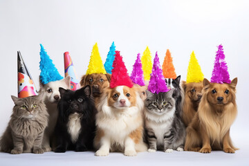 Group of cats and dogs with birthday hats. isolated on white background