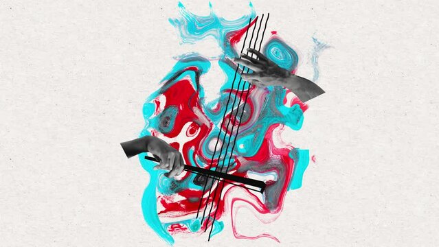 Creative retro design. Stop motion, animation. Human hands, musician playing double bass, creating amazing sounds. Concept of music lifestyle, creativity, inspiration, imagination, ad.