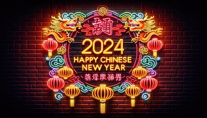 Chinese New Year 2024 background, brick wall with neon lights, Chinese New Year 2024, dragon elements with zodiac year of the dragon with hanging Chinese lanterns and festive decorations.