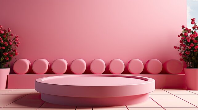Pink podium, lentine's Day, Wedding, Anniversary. Podium for product, cosmetic presentation. Mock up. Pedestal or platform for beauty products.