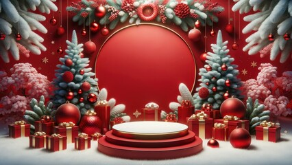 Christmas product display podium background with pine, gifts and festive decorations.