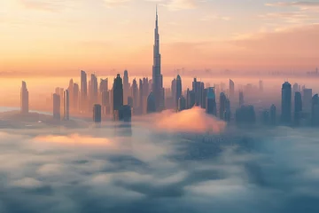 Poster Burj Khalifa Downtown with skyscrapers submerged in think fog. Picture taken from unique view. Tall buildings. Early morning glow
