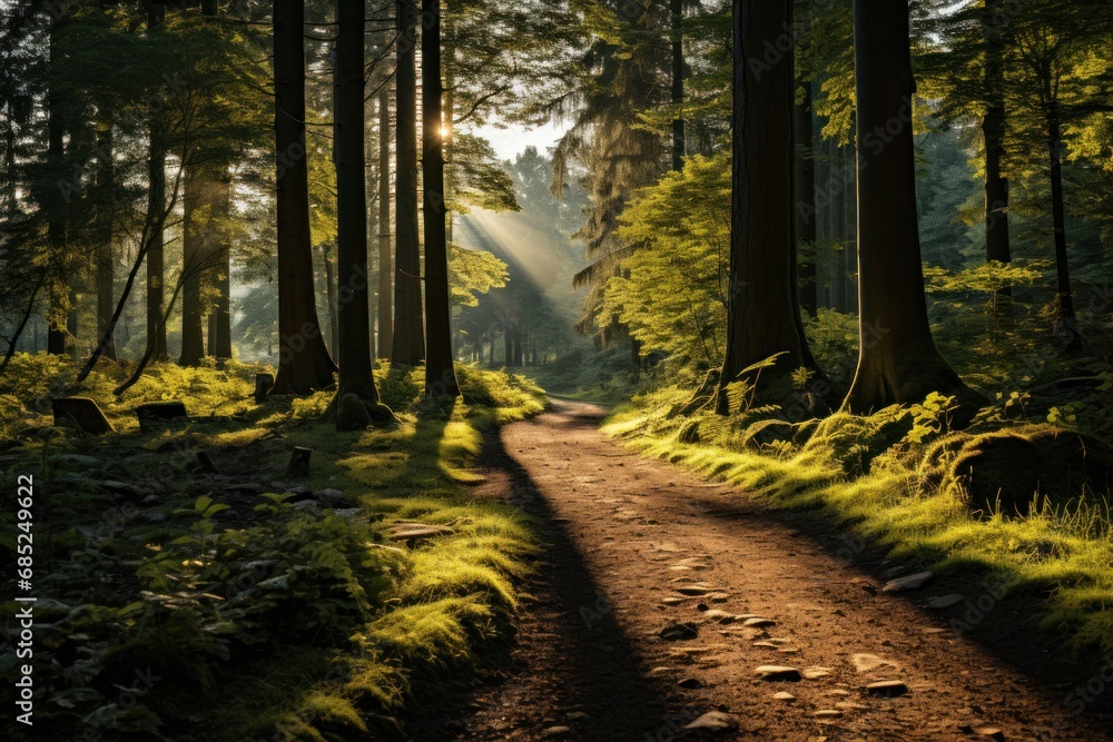 Aufkleber serene forest path surrounded by lush greenery and towering trees generative ai