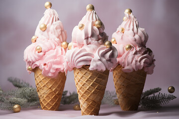 three Christmas tree shaped ice creams in cones on a pastel pink background, pink and gold colors,...