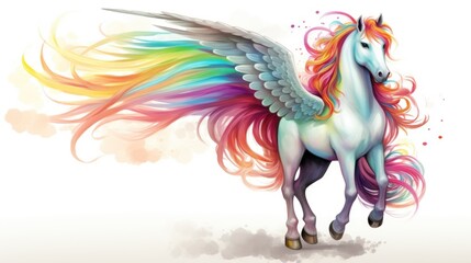 A white horse with a colorful mane and wings - obrazy, fototapety, plakaty