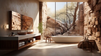 Interior of modern bathroom in luxury eco-style cottage. Stone-textured walls, freestanding bathtub, wall cabinet with countertop sink, indoor plants, large panoramic window with picturesque view.