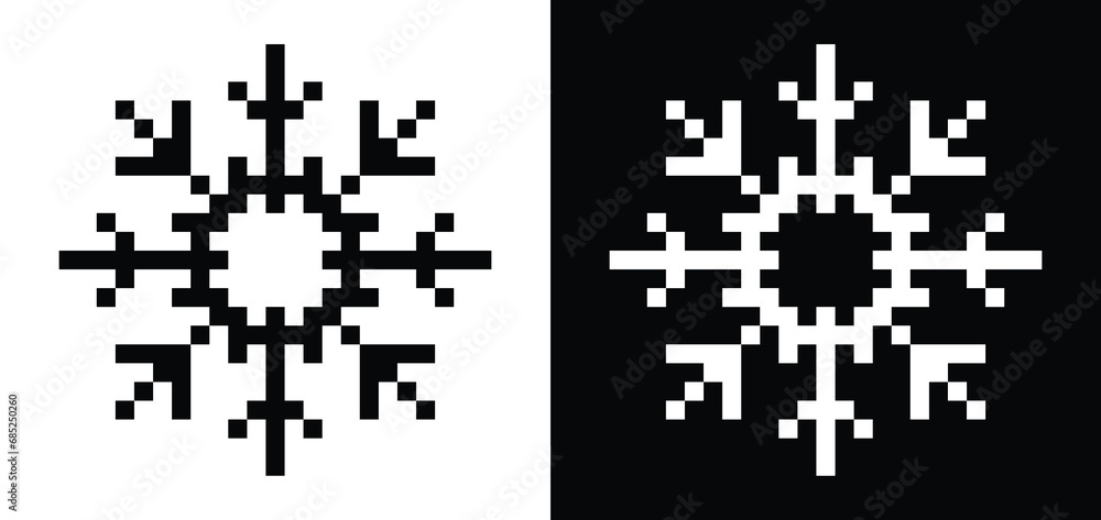 Poster pixel snowflakes icon. vector pixel art snowflake 8 bit logo for game